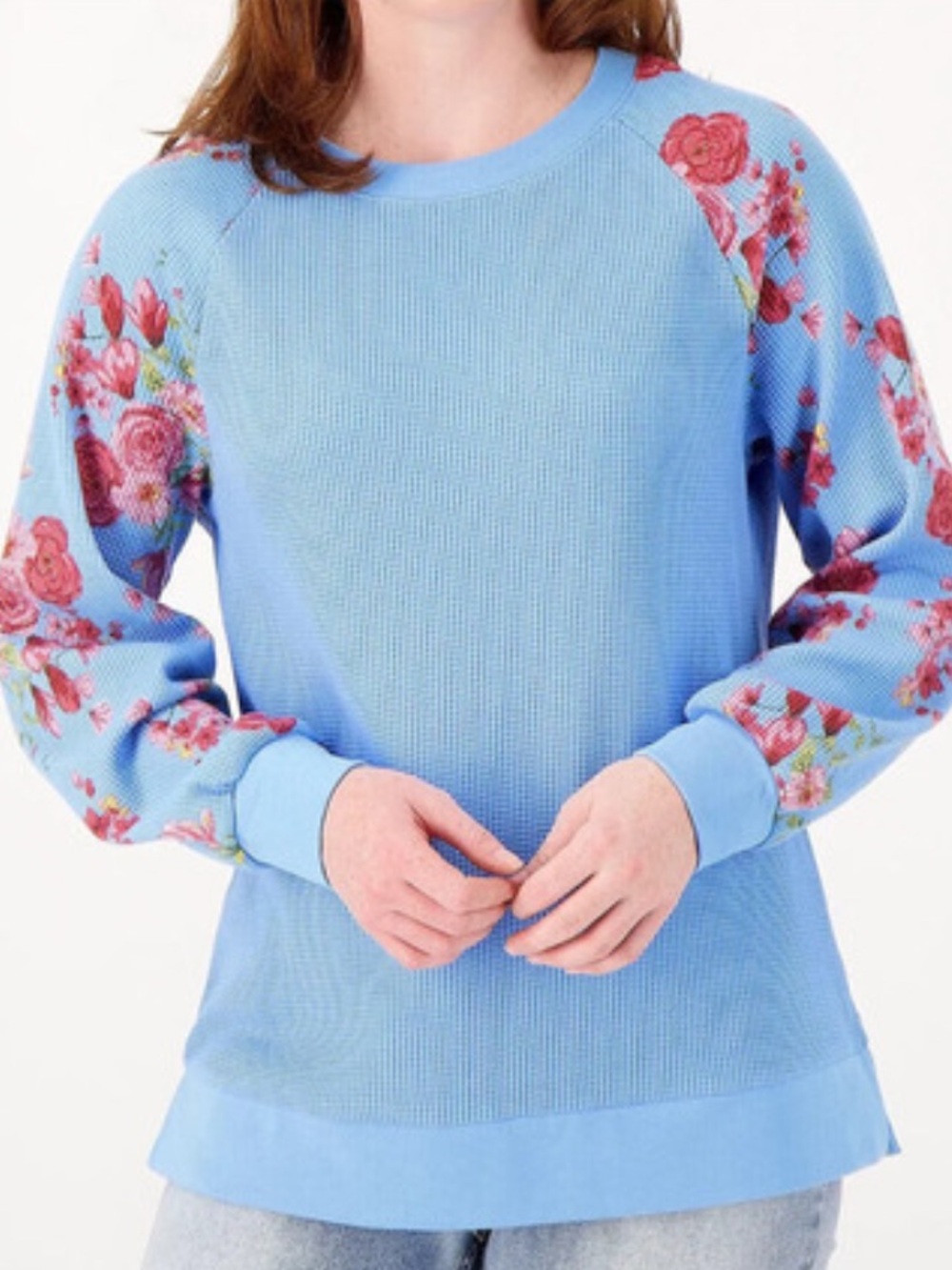 Belle by Kim Gravel Sky Blue Pullover with Pink Floral Sleeves Top XL